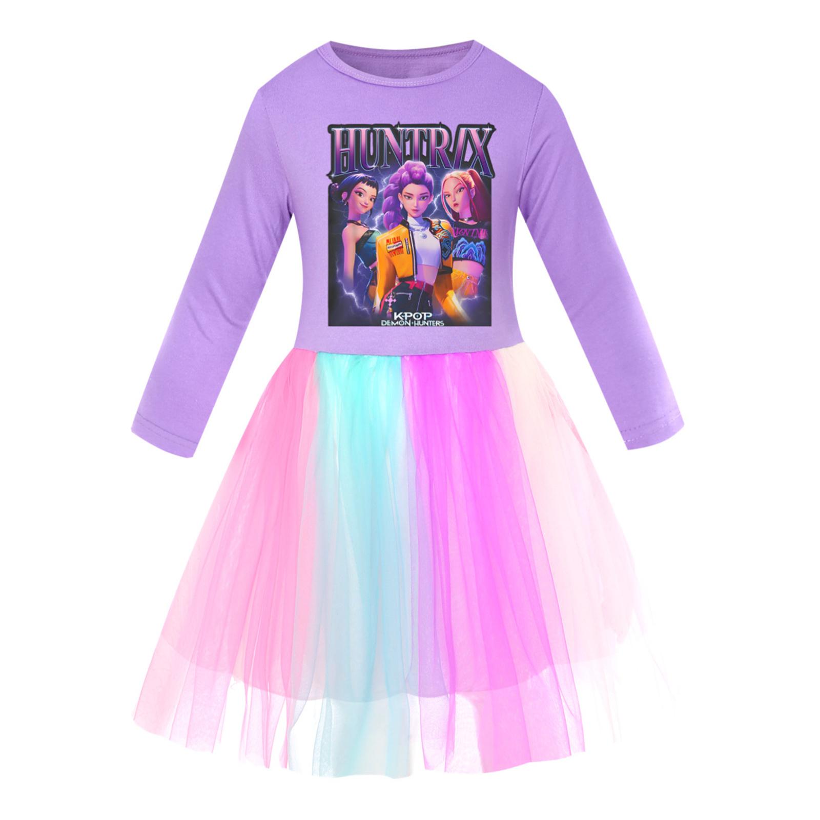 

Girls Star-Print Skirt Round-Neck Long-Sleeve Colorful Lace Patchwork Dress 150 фиолетовый