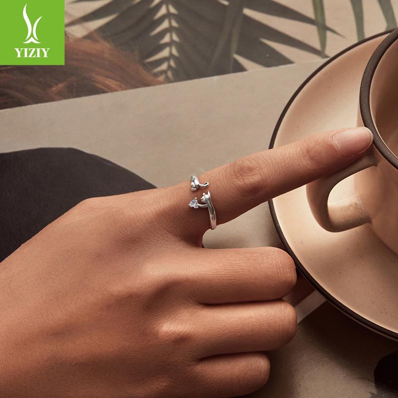 Kitten Open Ring For Women Does Not Fade Niche Design S925 Sterling Silver Animal Ring
