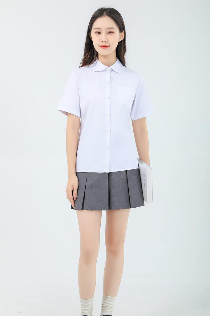 Cămașă Școlară Scurtă Rotundă cu Buzunar [Sharphon] Cămașă de Fete, Mânecă, Guler, Simplă, Bumbac, Top,