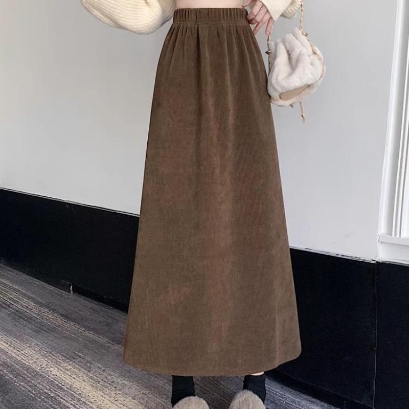 Autumn Winter Women's Fleece-Lined Thickened Corduroy Midi Skirt Retro High Waist Slim-Fit A-Line Long Skirt