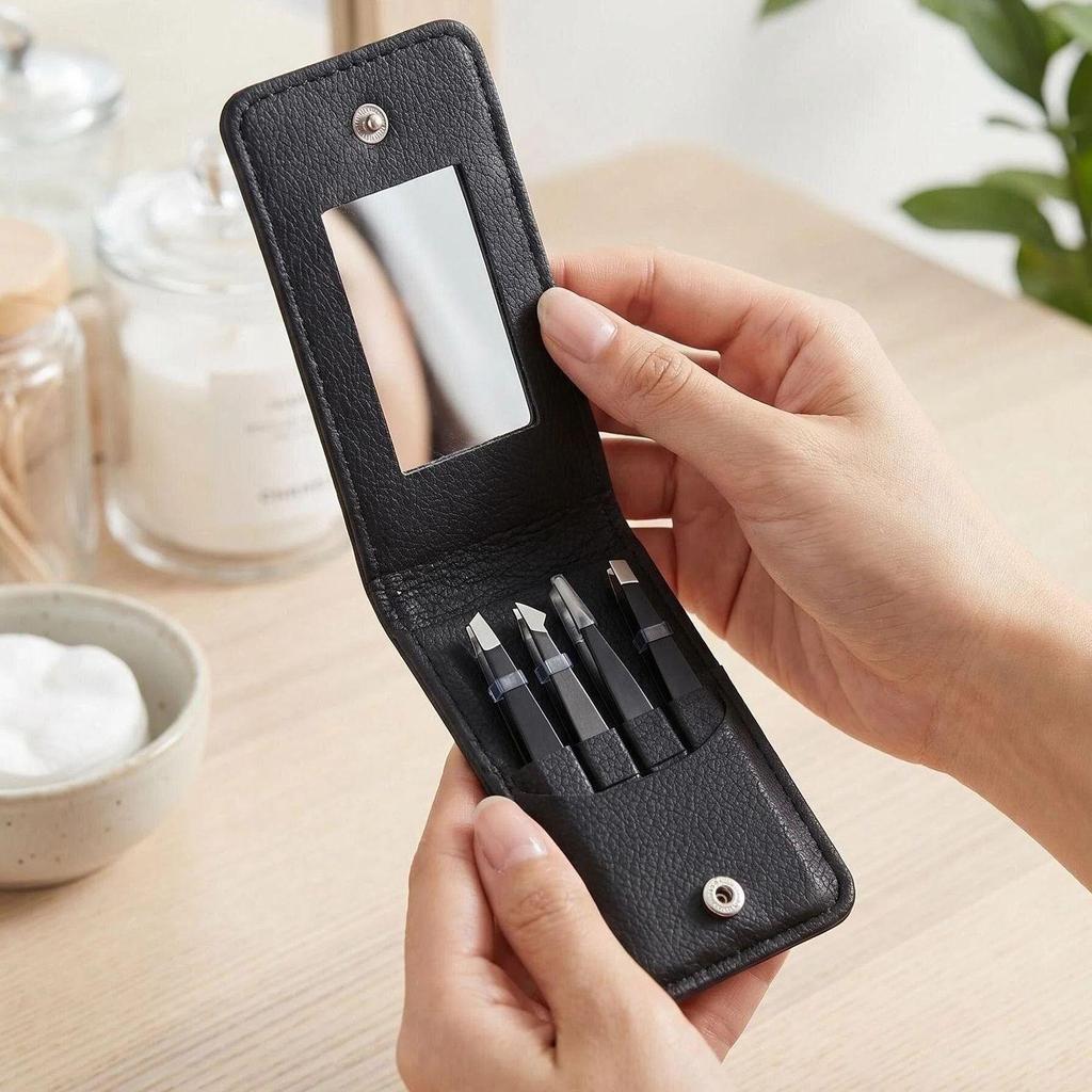 Eyebrow & Beard Shaping Tweezer Set - Flat & Angled Tips with Mirror for Hair Removal & False Eyelash Application