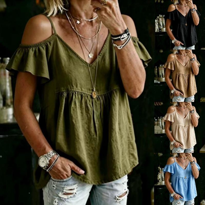 Women Casual Loose Off Shoulder V Neck Ruffle Short Sleeve T Shirt