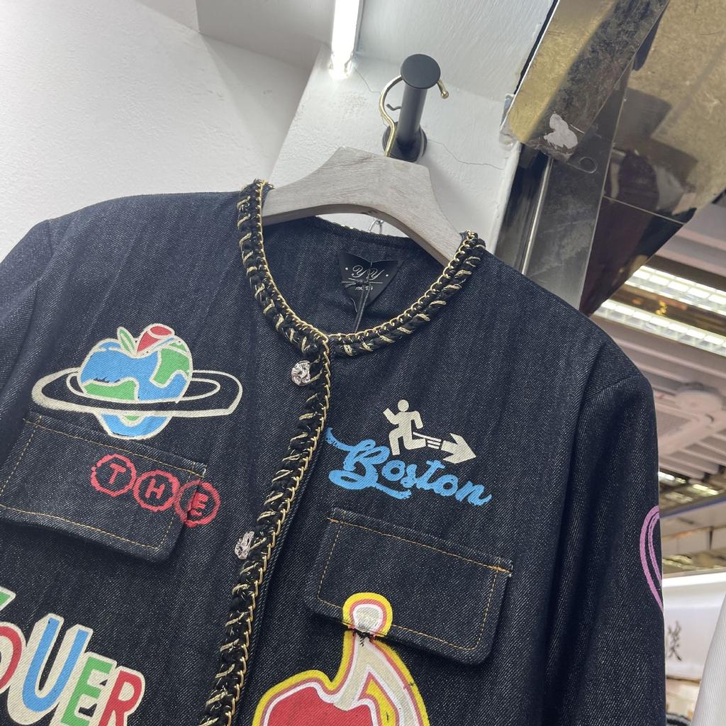 Europäische Station Herbst Neues Design Street Denim Patch Jacke Damen Locker und Enges Oberteil Trendige Marke