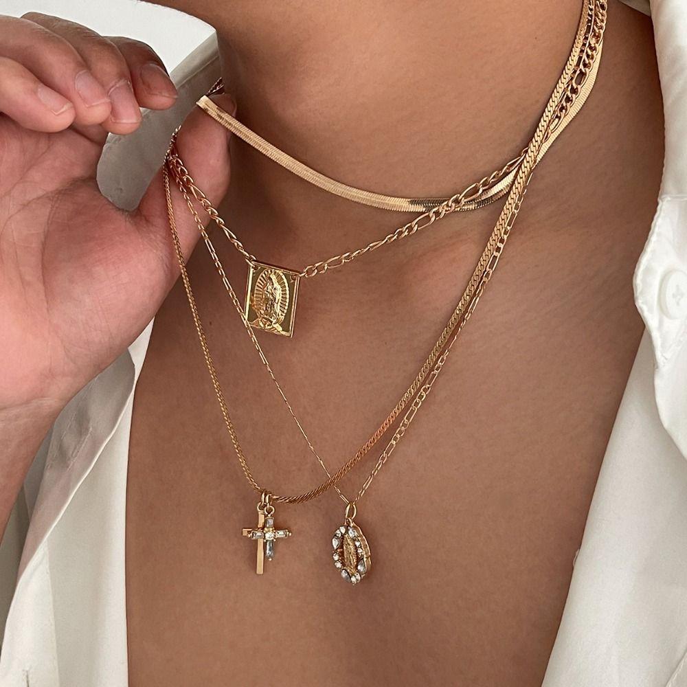 Crystal Multilayer Pendant Necklace Punk Y2K Metal Necklace Hollow Out Beaded Necklace  Daily