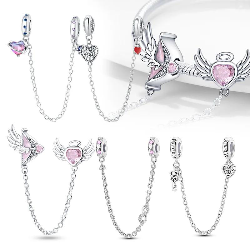Copper Heart Beads Colorful Zircon Safety Chains Original Charm Fit Original Bracelets DIY Style Jewelry Gifts Accessory Women's