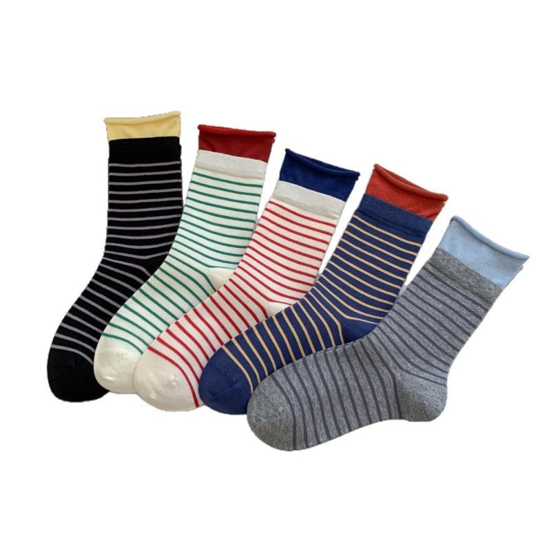 Autumn Trendy Socks: Double Slit Striped Contrasting Color Women's Socks, Breathable Combed Cotton Mid-calf Socks
