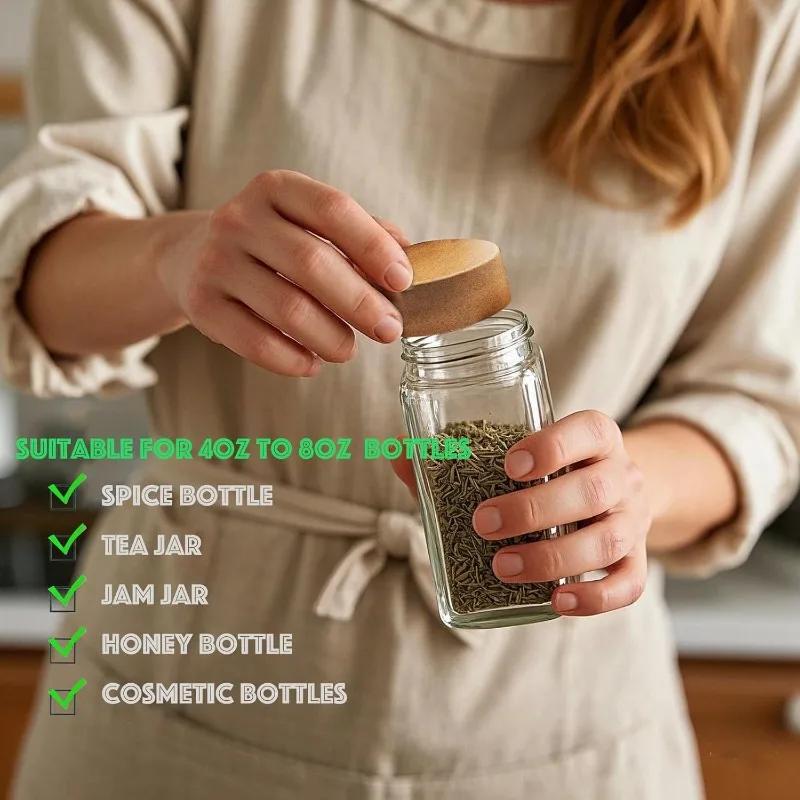 Glass Spice Jars with Labels- Wood Lid Square Spice Containers with brush Lids &Funnel,Seasoning Jars for Rack Cabinet Drawer