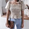 Women Spring Summer Chic Floral Print Shirt Blouse Top Square Collar Short Lantern Sleeve Ruffle Hem Slim Waist Simple Chiffon S-XL