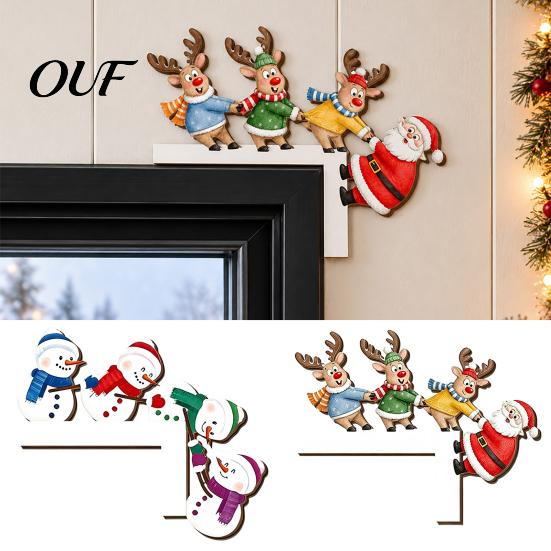 Holiday Indoor Wall Decoration Wooden Christmas Door Corner Decor, Santa Claus Reindeer/Snowman Topper Reindeer Frame Ornament for Home Decoration,