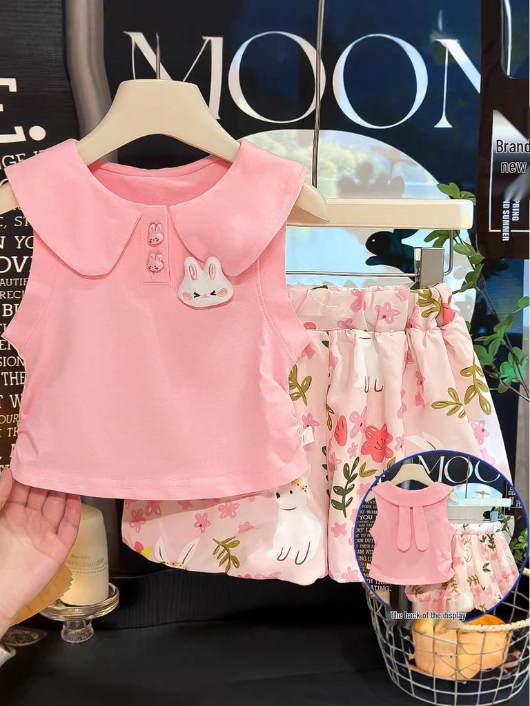 Sommer 2026 Niedliches Puppenkragen Kaninchen Blumen-Bubble-Hosen-Set für Kleinkind-Mädchen