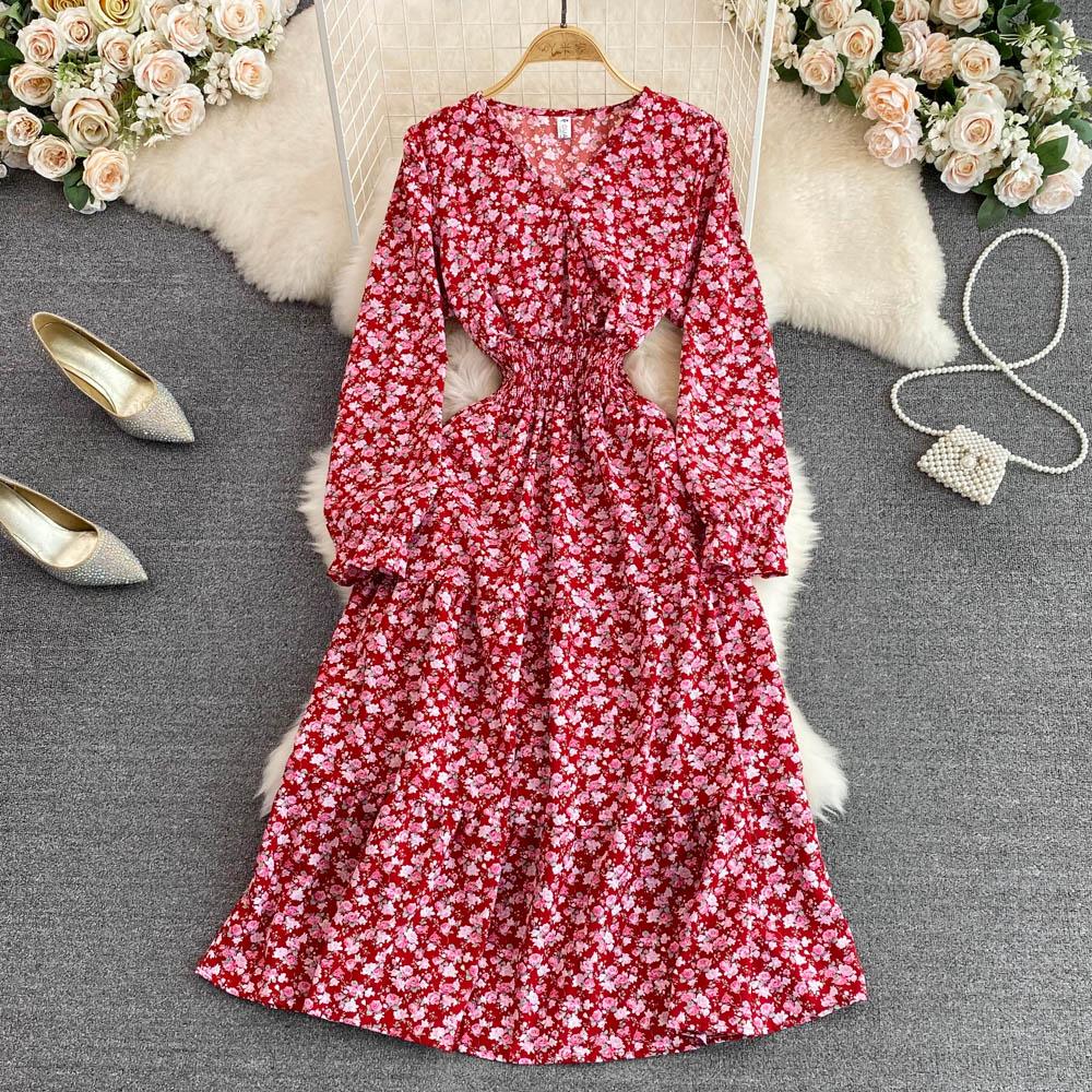 

RUGOD женское осеннее платье с v-образным вырезом, пышным платьем трапециевидной формы с длинными рукавами и талией, с цветочным принтом