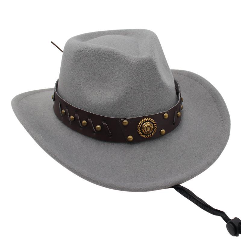Western Cowboy Hat Tibetan Top Hat Felt Jazz Hat Rolled Edge Felt Hat Rivet Belt Buckle Metal