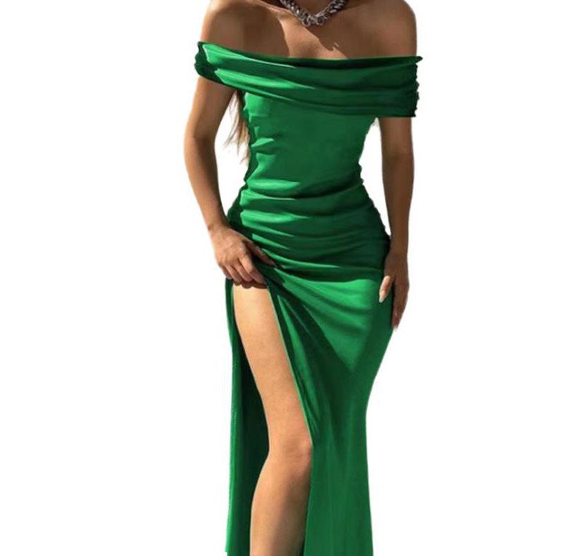Solid Color European & American Style One-Shoulder Slit Long Dress - Classy, Sexy, Shiny