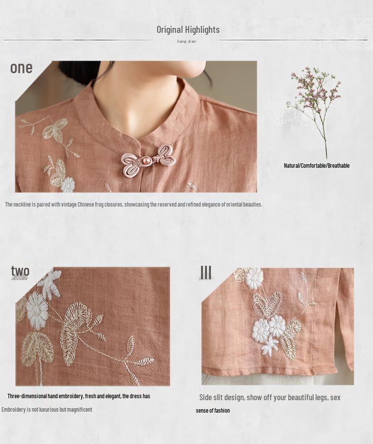 Dámská retro vyšívaná košile z bavlny a lnu se žabkovými knoflíky a stojáčkem