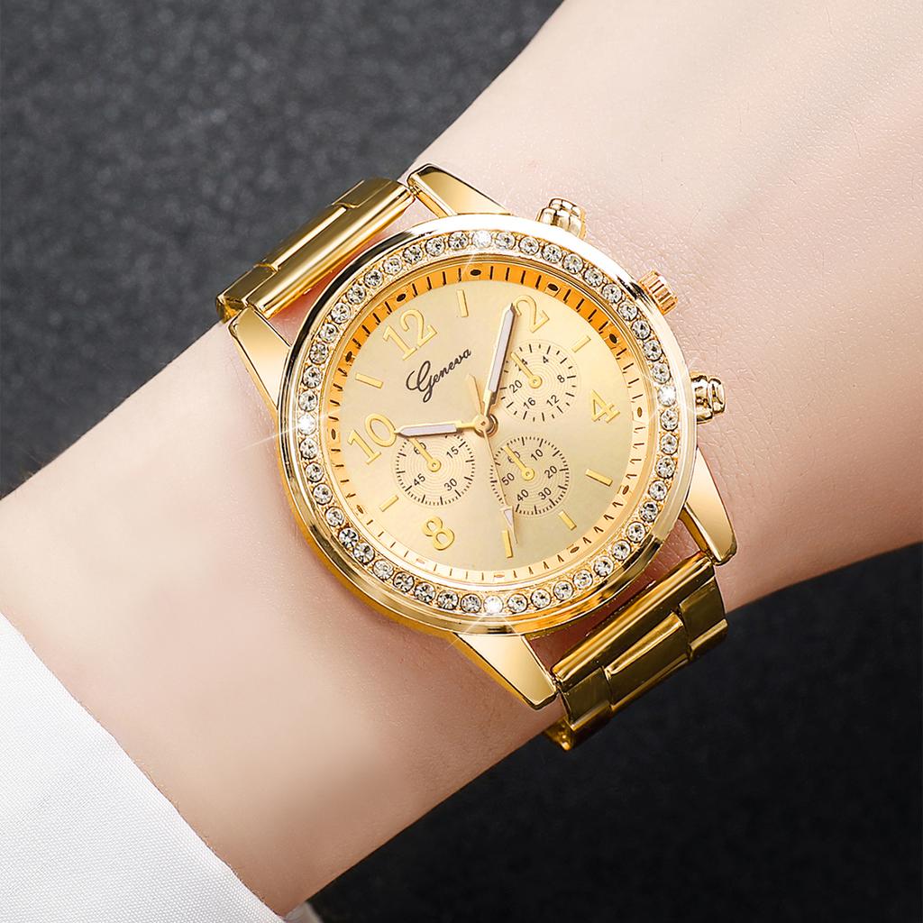 2PCs/Set Fashion Women's Stainless Steel Straps Watch Commuter Style Quartz Watch Bracelet Set Gold Rose Gold