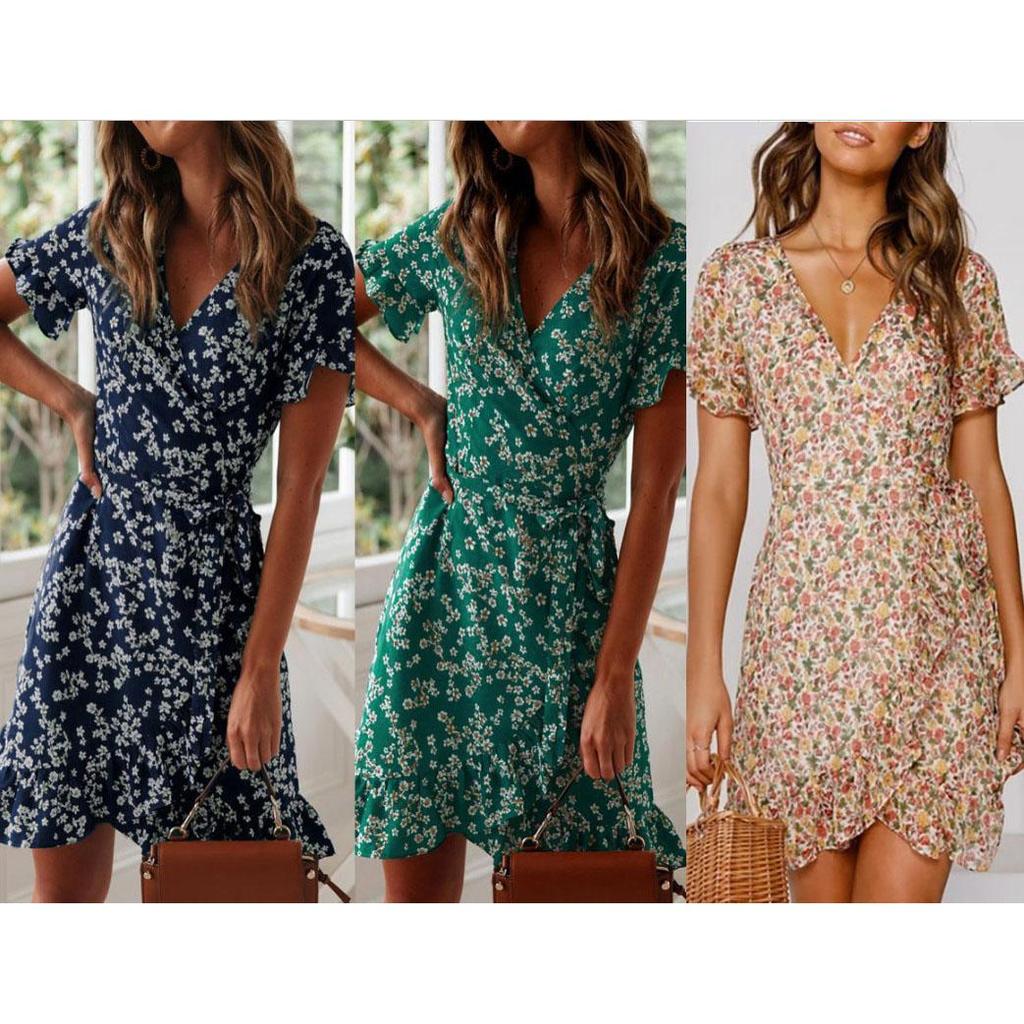 Printed V-Neck Tie High Waist Chiffon Floral Dress