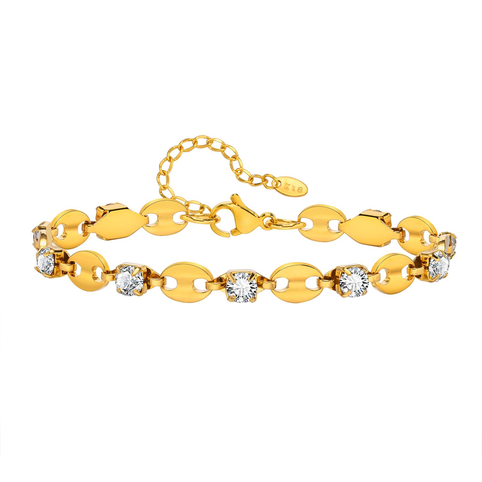 

18K Gold Plated Stainless Steel Zirconia Chain Bracelet for Women, Waterproof Heart/Cross/Oval Link Wristband Jewelry
