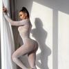 Women Long Sleeve Rhinestone Decor Sexy Open Crotch Intimate Bodysuit Lingerie