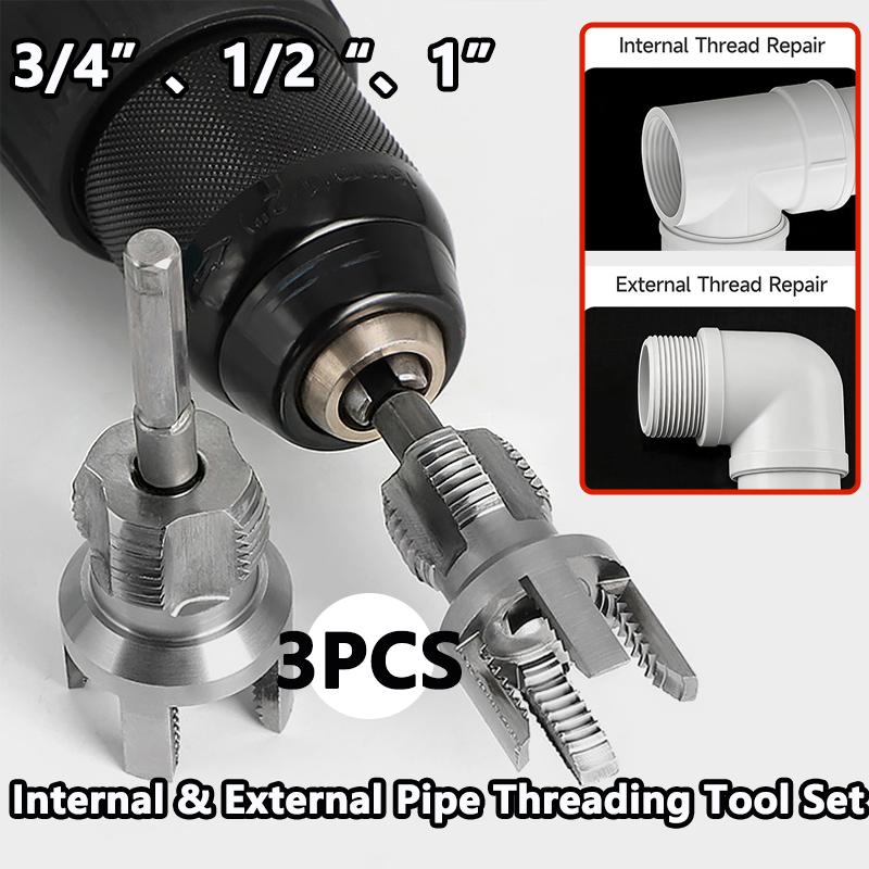 3pcs Internal & External Pipe Threading Tool Set, 1/2'' 3/4'' 1'' PVC Plastic Pipe Threader Kit, Drill Compatible Threading Tool