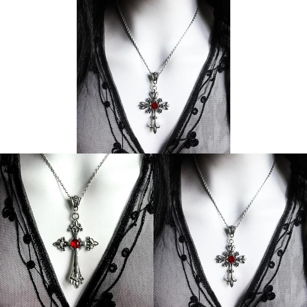 Gothic Large Baroque Silver Cross Pendant Necklace For Women With Geometric Design And Glass Charm