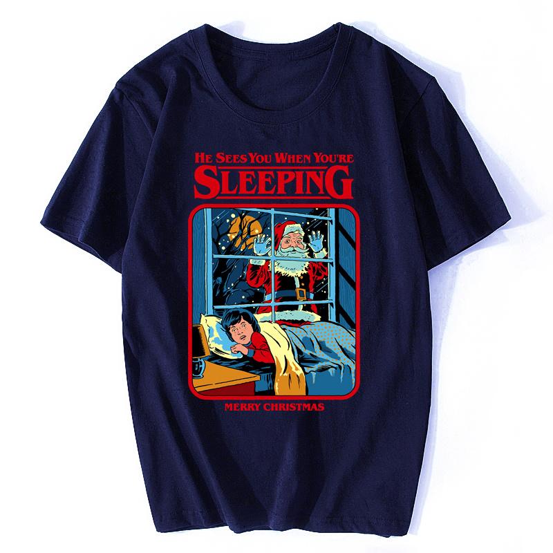 Man T-shirts He Sees You When You're Sleeping Tshirt Mens T Shirts Merry Christmas Claus Designer Tops & Tees Harajuku