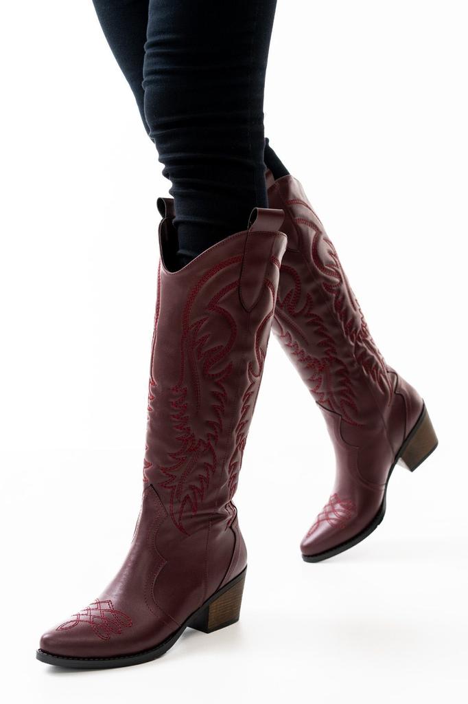 Women Modern Stylish Fashion Boots Boots Faux Leather Black Leather Embroidered Cowboy Long Boots