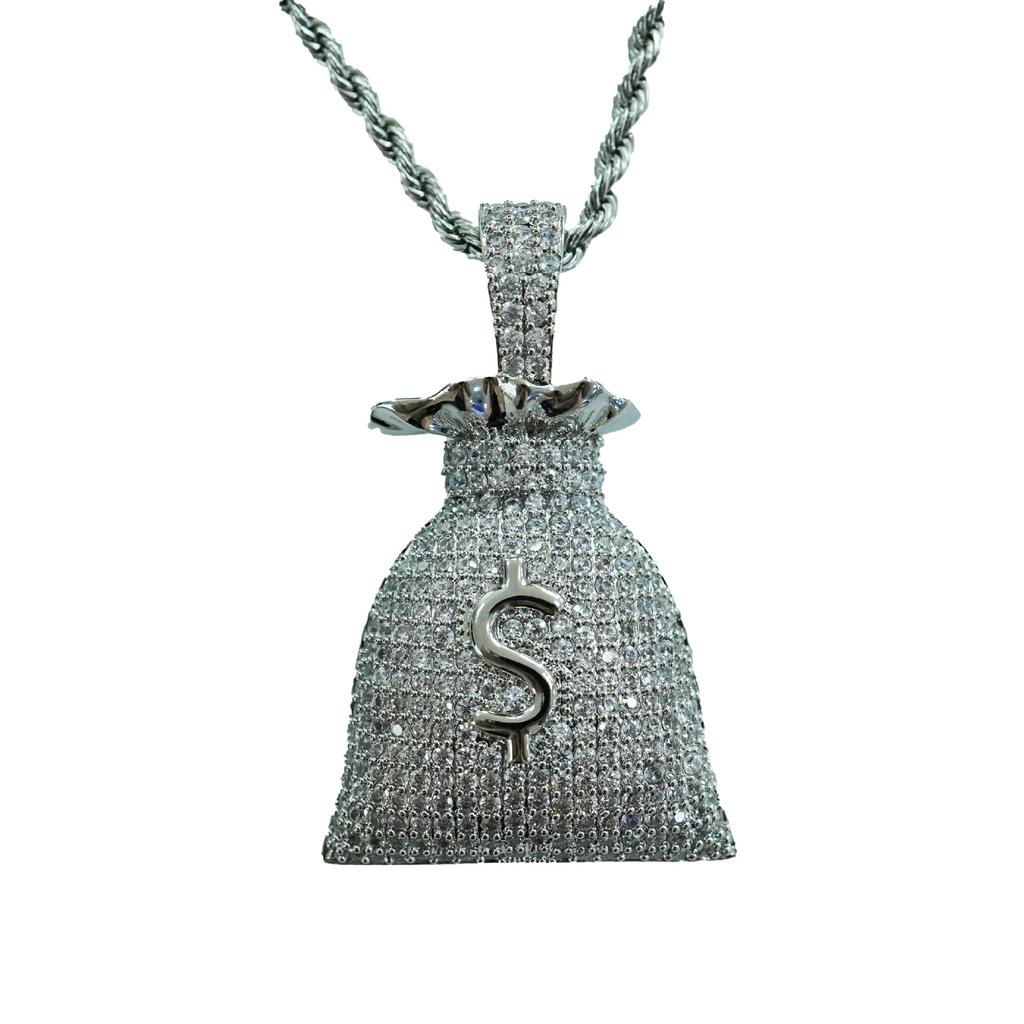 European and American Hip Hop Money Bag USD $Symbol Necklace Copper Set Zircon Pendant HIPHOP Trendy Jewelry