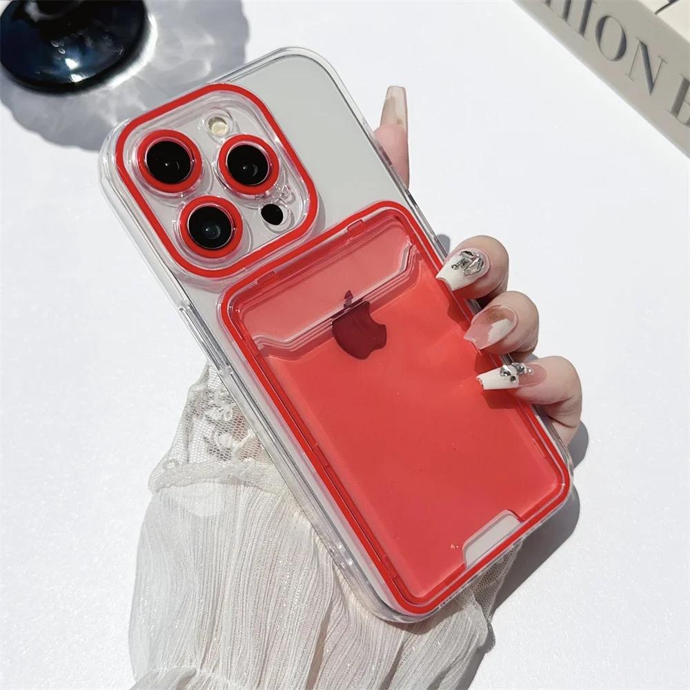 Card Holder Transparent Case for iPhone 15 14 13 16 17 Pro Max Air Plus 11 12 Double Color Wallet Soft Shockproof Cover