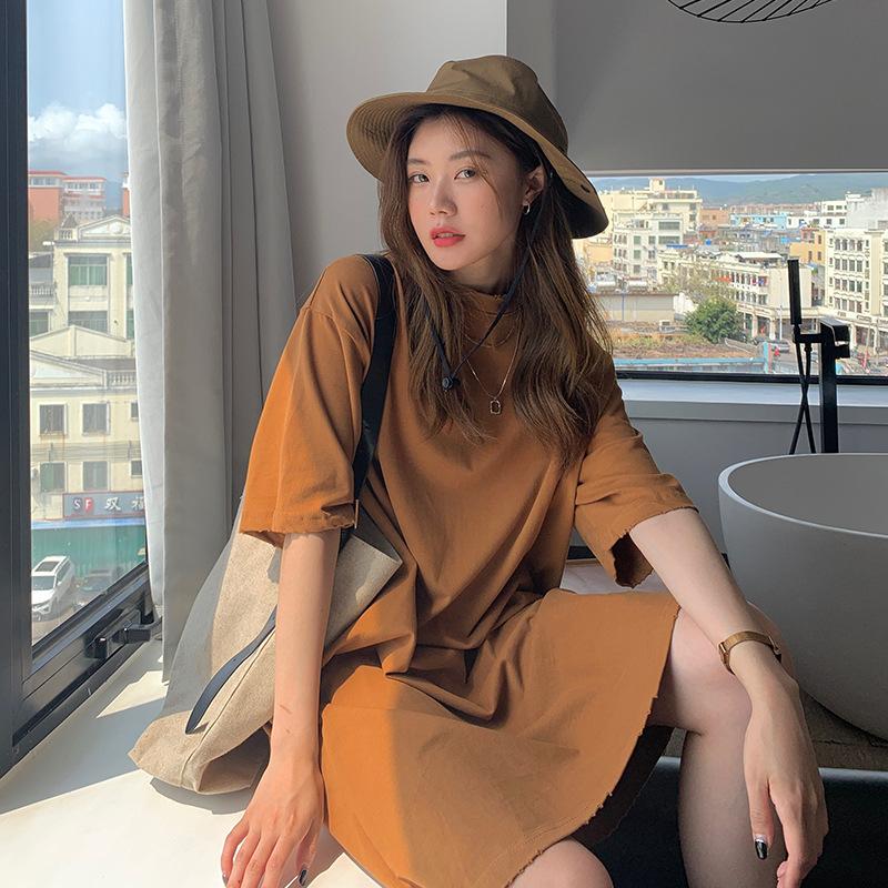 Women's Crew Neck Short Sleeve T Shirt Dress Loose Fit Solid Color A Line Midi Dress Casual Sundress