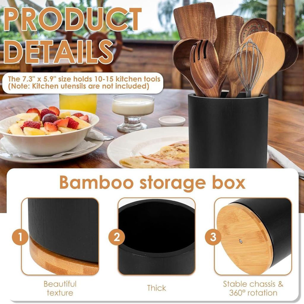 Pojemnik na przybory kuchenne na blat 360 Obracany Widelec Pojemnik na słoiki Drewniany Organizer Stojak do przechowywania Sztućce do gotowania Na łyżkę
