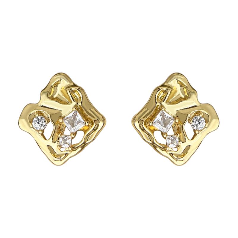 Náušnice čtvercové geometrické zirkonové pecky z 18K zlata - Nepravidelný luxusní design pro ženy