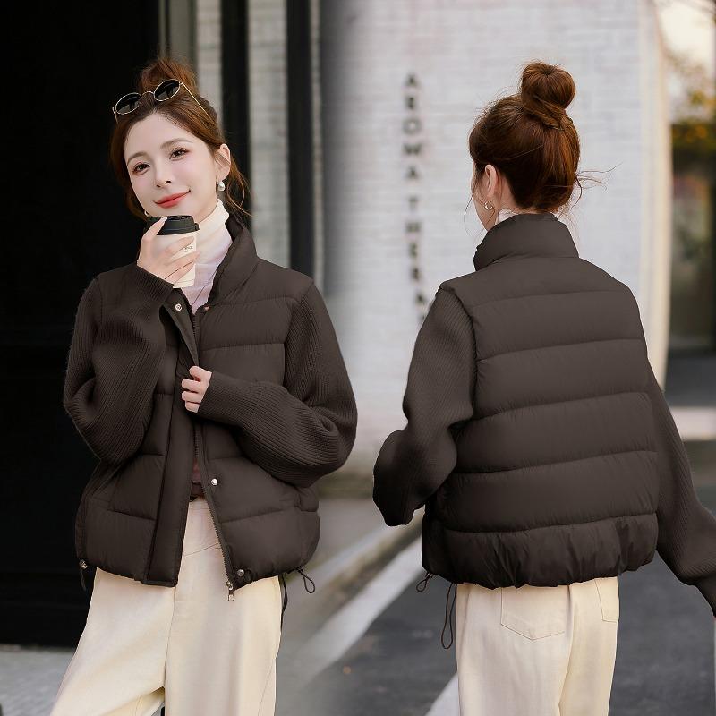 Women Short Cotton Jacket Stand Collar Long Sleeve Solid Color Casual Winter Coat