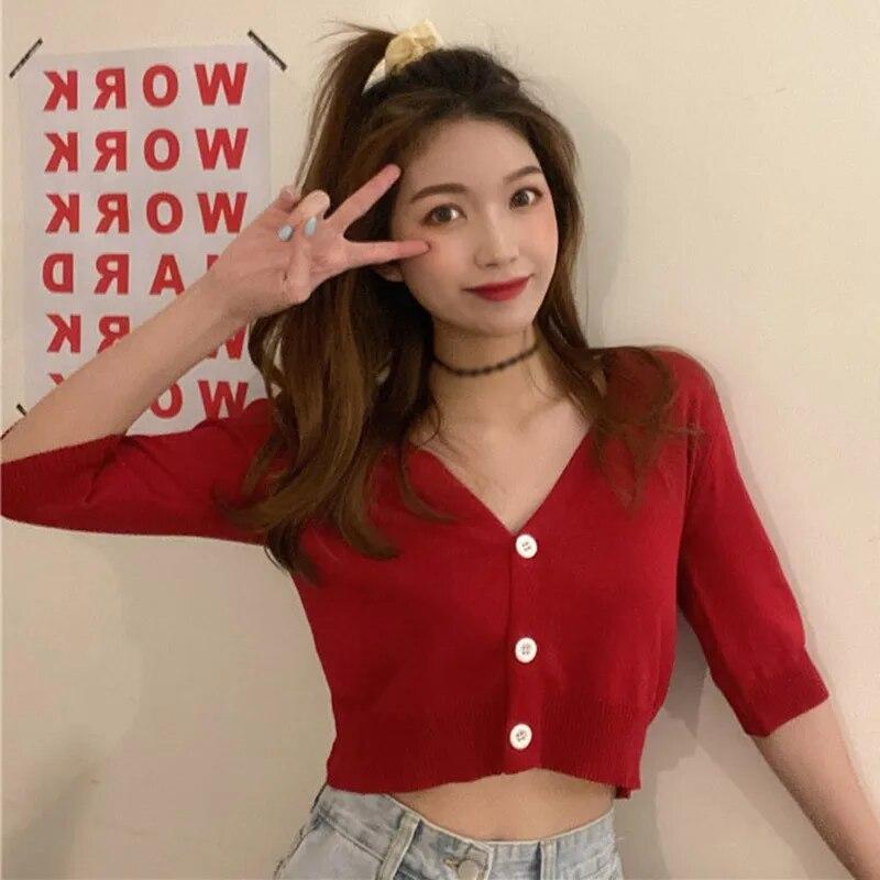 

Женские укороченные топы, кардиган, модная трикотажная футболка с короткими рукавами, короткие футболки на пуговицах с v-образным вырезом One Size