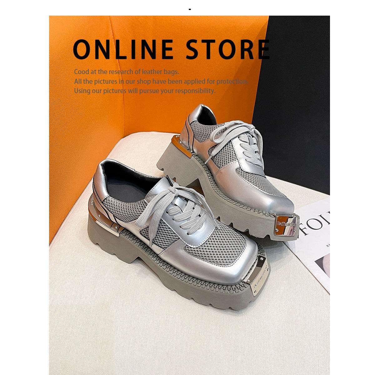 

Серебристые туфли-дерби на шнуровке из маленькой кожи, женские, на толстом каблуке и толстой подошве, увеличивающие рост, в стиле пустоши, с металлической отделкой, супер 40 серебряный