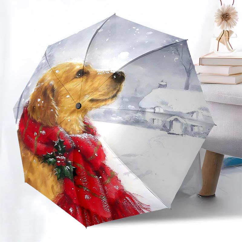 

1pc Christmas Holly Scarf with Automatic Folding Umbrella, Portable 3-Fold Design, 8-Bone Iron Frame Outdoor Umbrella, Festive Gift for Fans, Traveler