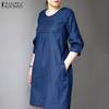 ZANZEA Women Summer Round Neck 3/4 Sleeve Pleated Dresses