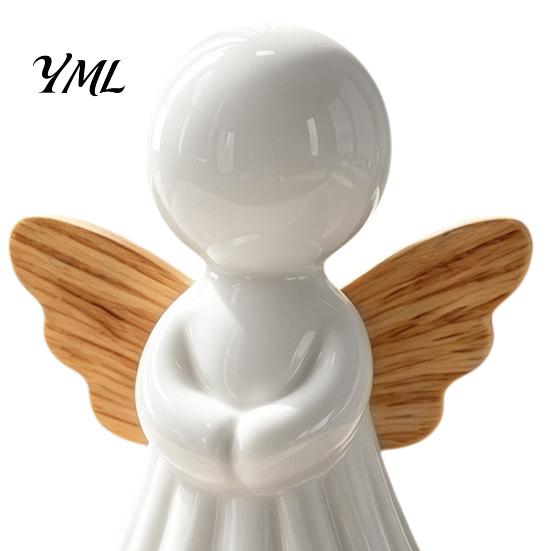 Modern Interior Design Accents Minimalist Angel Figurine with Wood Texture Wings, Compact Statue, Home Accessories Decorative White Sculpture