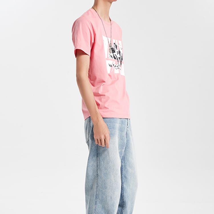 Li Ning X Disney T Shirts Men's Apricot Pink Crew Neck Moderate Straight Fit AHSQ527-3