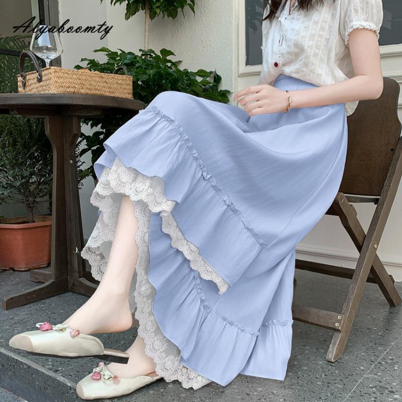 French Style Spring Summer Women Irregular Skirt High Waist Black White Pink Lace Patchwork Skirt Sweet Ruffles Princess Skirts