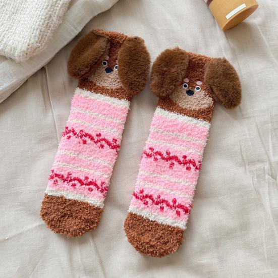 1 Pair Floor Socks 3D Cartoon Dachshund Design Striped Print Elastic Opening Socks Coral Fleece Thickened Mid-Length Sleeping Socks