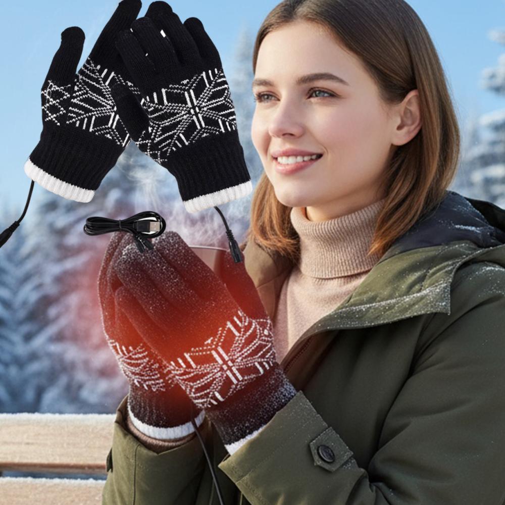 Winter USB Rechargeable Heated Gloves Touchscreen Warm Knitted Gloves with Snowflake Design for Cold Weather Outdoor Sports Dail