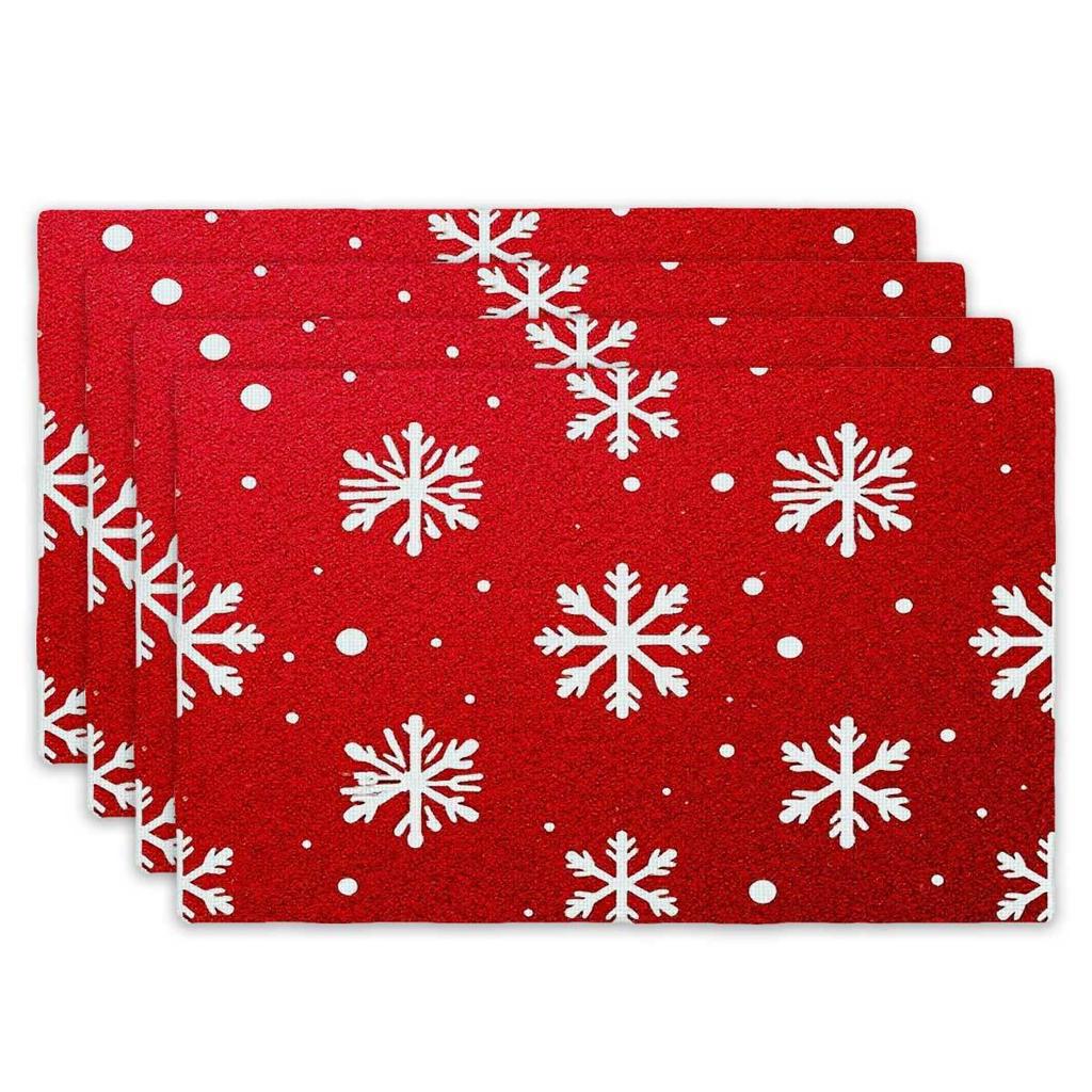 4pc S Set, 2D Flat Printed Placemats with Snowflake Pattern - Classic Winter Symbols, Rectangular Table Mats for Kitchen Dining (