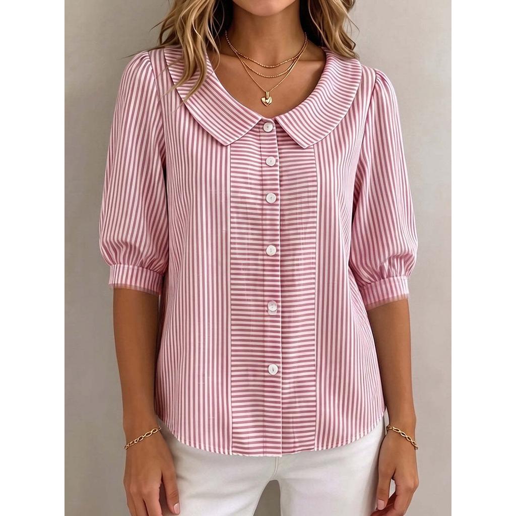 Women's Peter Pan Collar Puff Short Sleeve Vertical Stripe Single Breasted Loose Casual Blouse Shirt