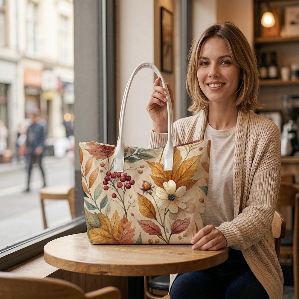 Autumn Floral Printed Tote Bag Casual Large Capacity Handbag For Daily Outdoor Shopping Commute Use