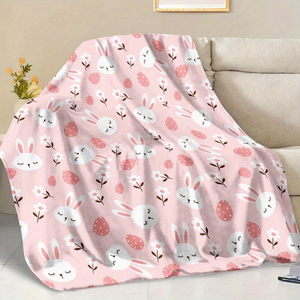 Pink Easter Bunny Egg Flannel Throw Blanket Cute Rabbit Floral Spring Holiday Soft Bed Blanket