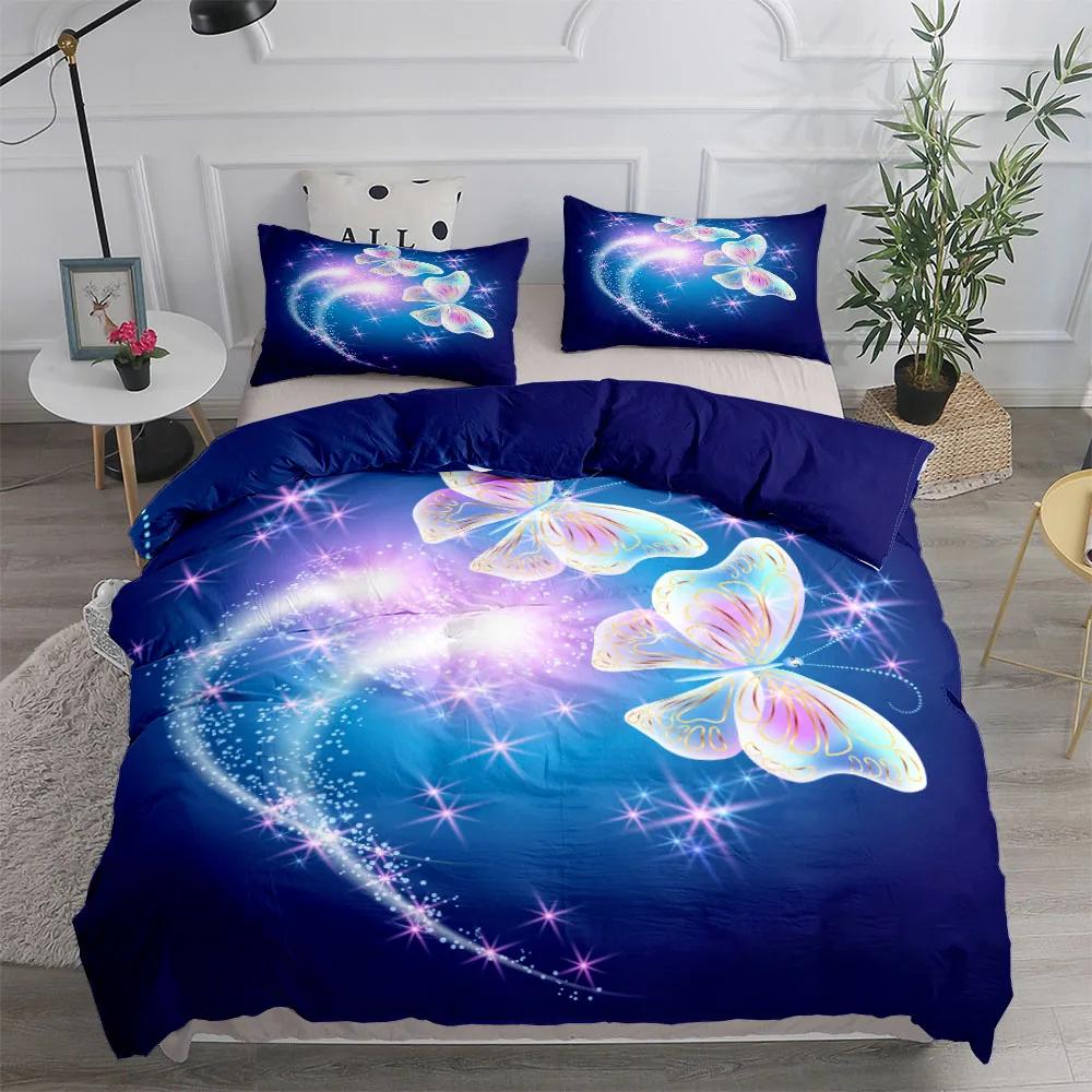 3pcs Neon Butterfly Girl Duvet Cover Set EU Single Double King US Twin Full Queen Size  Bed Linen Set Washed Cotton Duvet Cover