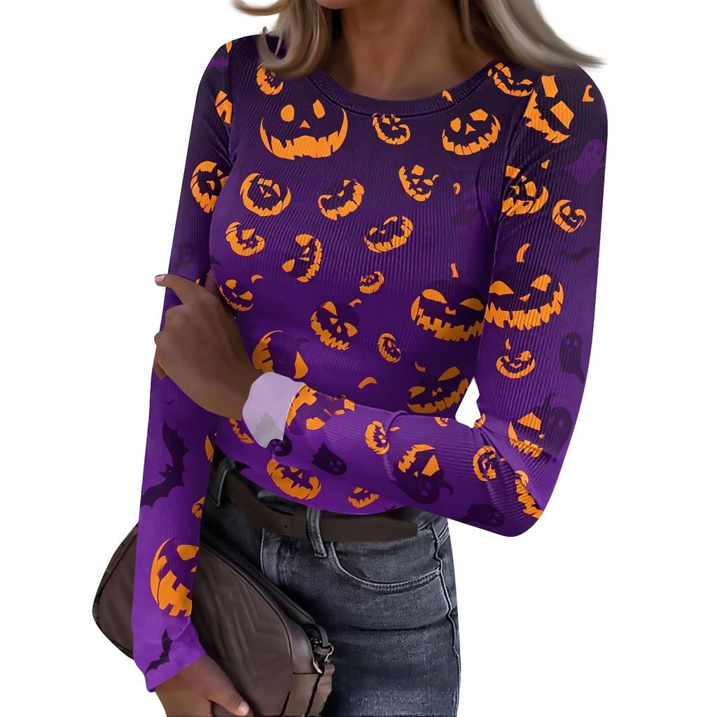 Women Casual Long Sleeve Ribbed Knit Top Crew Neck Halloween Print Slim Fit Stretchy Pullover Shirt for Fall and Winter