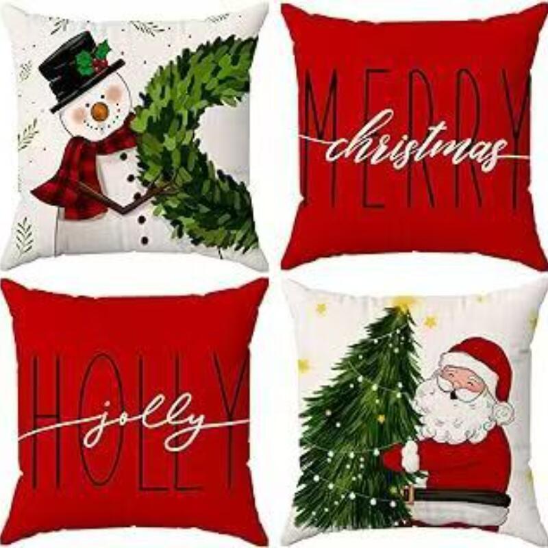 4 PC Reversible Christmas Pillow Covers Set - Santa Snowman Linen Blend Sofa Decor Festive Home Accents