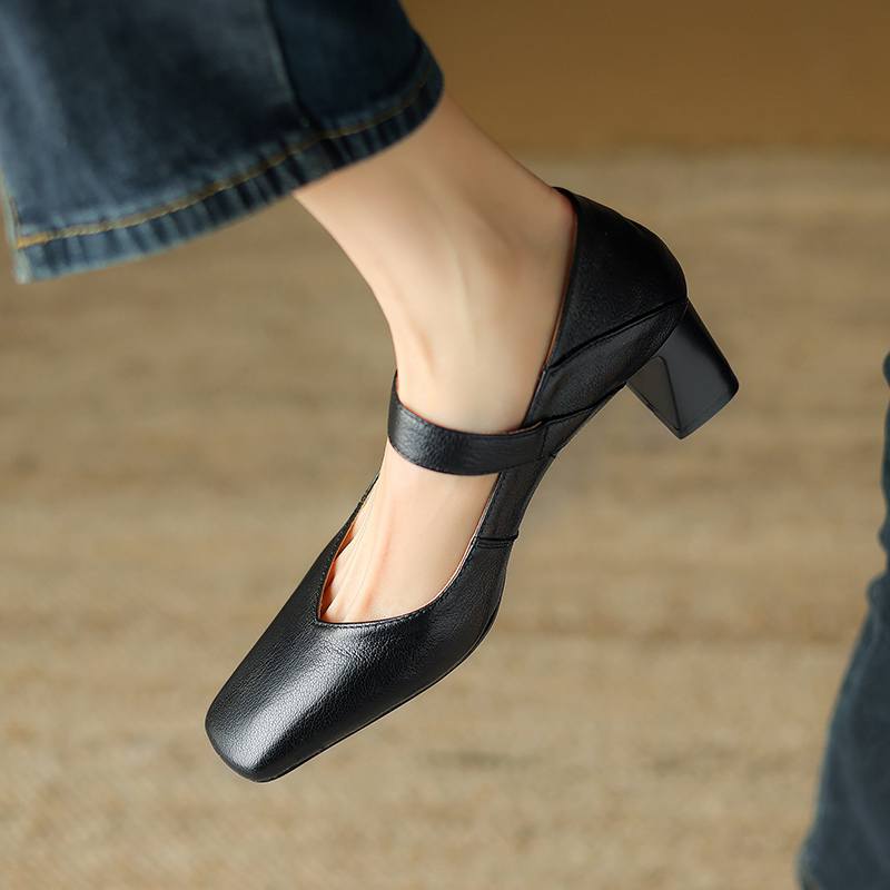 Krazing Pot Sheep Skin Square Toe Chunky High Heels Spring Summer Mary Janes Shoes Vintage Plus Size 42 Women Pumps