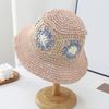 Straw Hat Bohemian Floral Pattern Foldable Beach Hat Wide Brim Hollow Design Bucket Hat Breathable Summer Accessory
